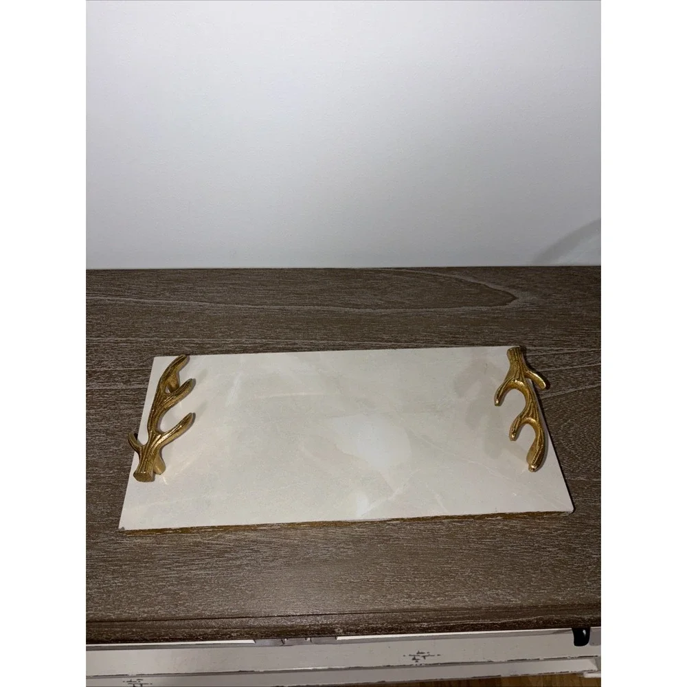 Indian White Marble Serving Tray with Gold Finish Metal Handle DECORATIVE 14x7‎